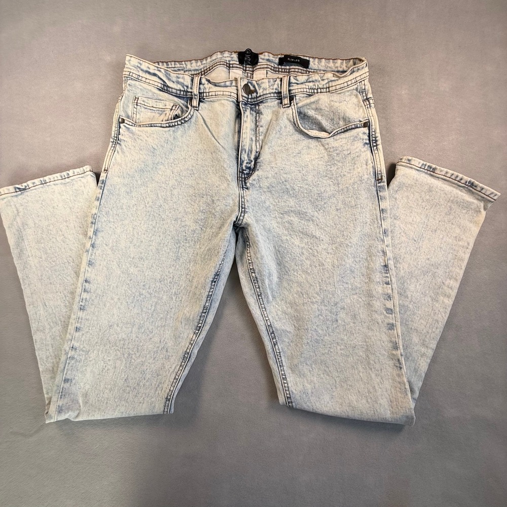 Cotton On 91 Slim Leg Acid Wash Jeans Light Blue Stretch Denim Size 34